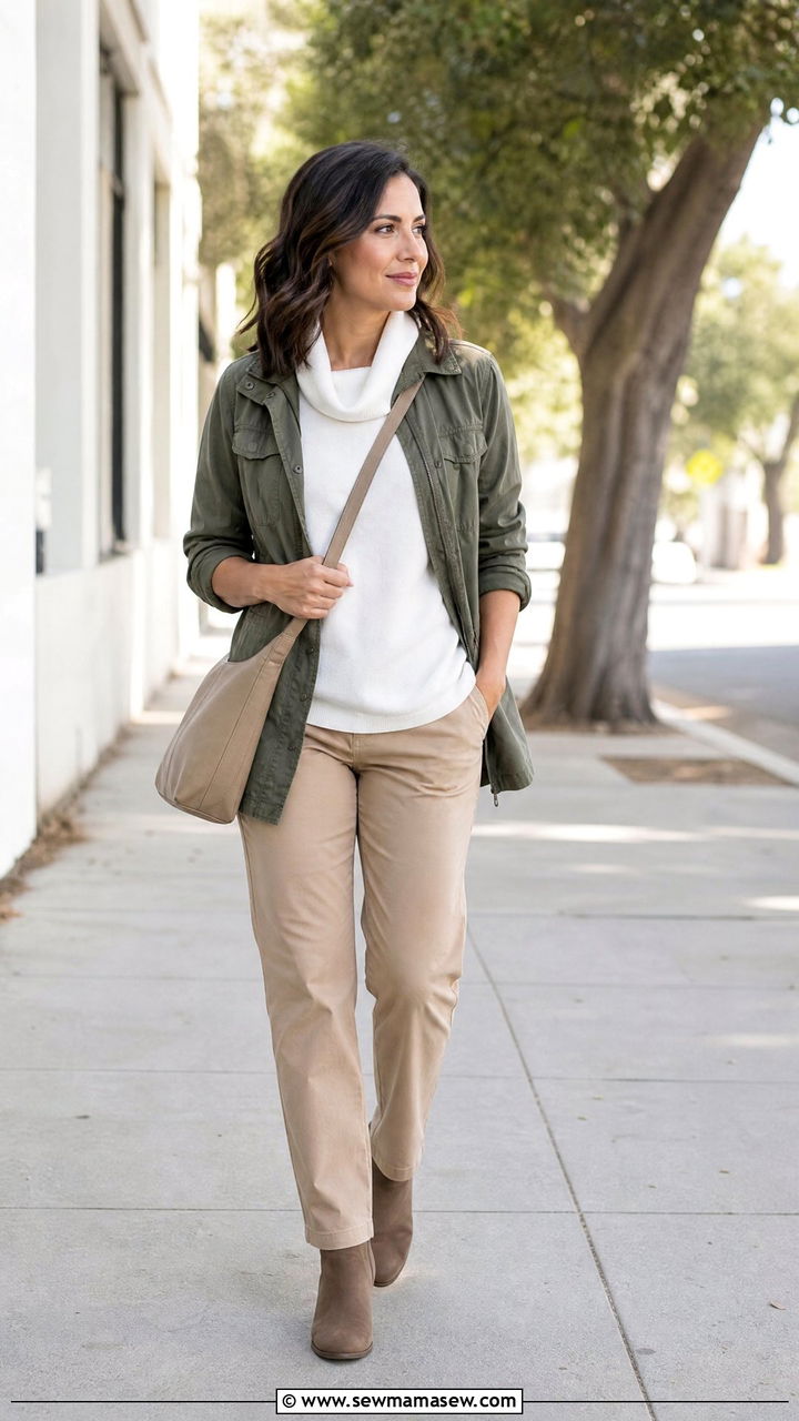Cowl Neck Top With Utility Jacket And Trousers - 20 cowl neck top outfit ideas
