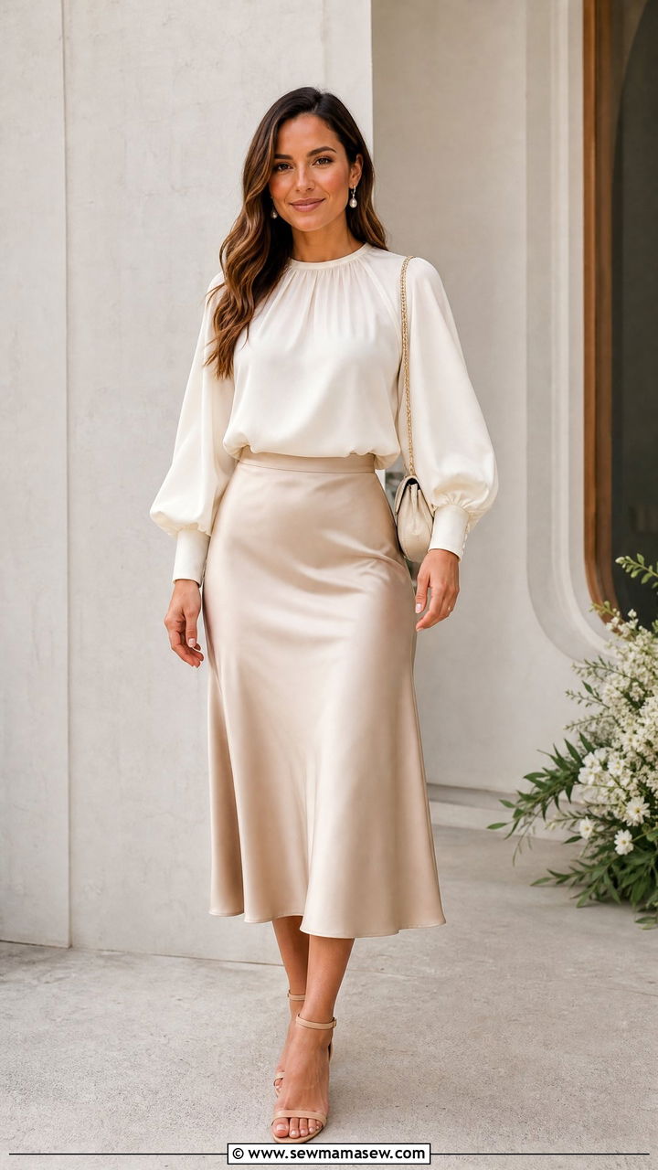 Cream Balloon Sleeve Top With Satin Midi Skirt - 20 balloon sleeve top outfit ideas