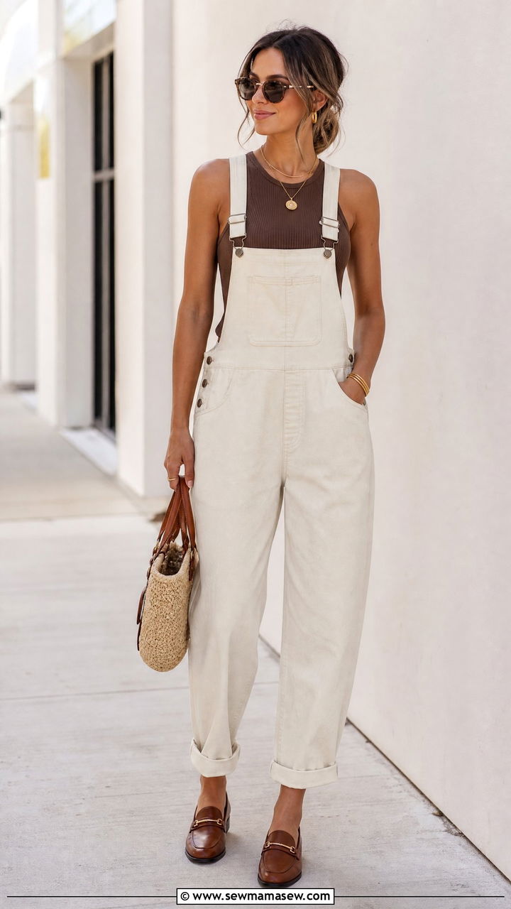 Cream Dungarees With Brown Crop Top - 20 crop top with dungarees outfit ideas