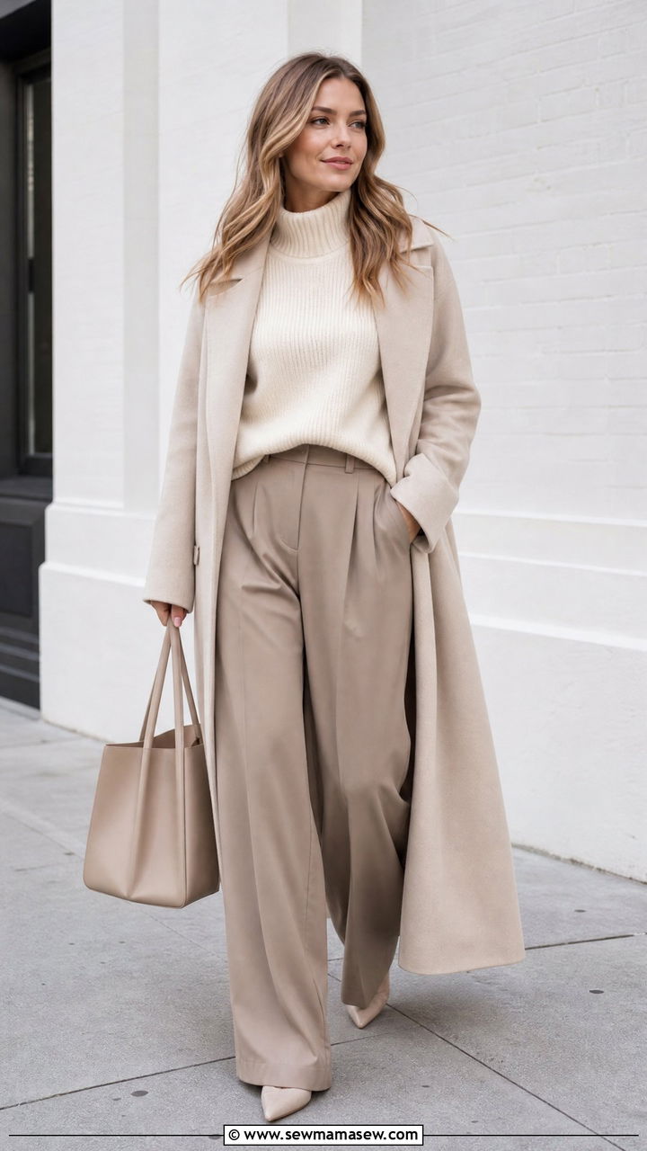 Cream Mock Neck Sweater With Wide Leg Pants - 20 mock neck sweater outfit ideas