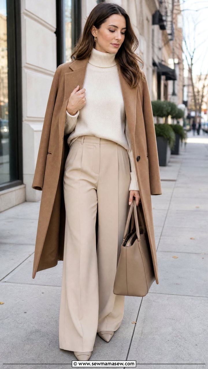 Cream Turtleneck Sweater With Wide Leg Trousers - 20 turtleneck sweater outfit ideas