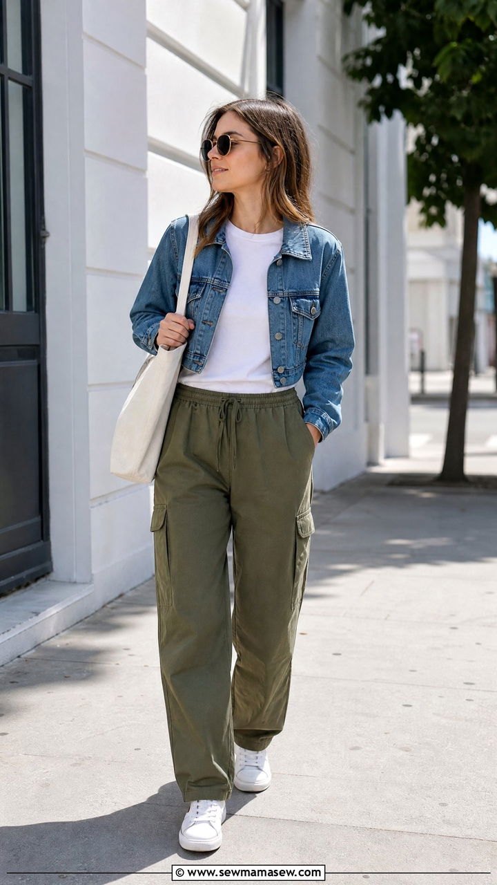 Crew Neck Tee With Denim Jacket And Cargo Pants - 20 crew neck tee outfit ideas