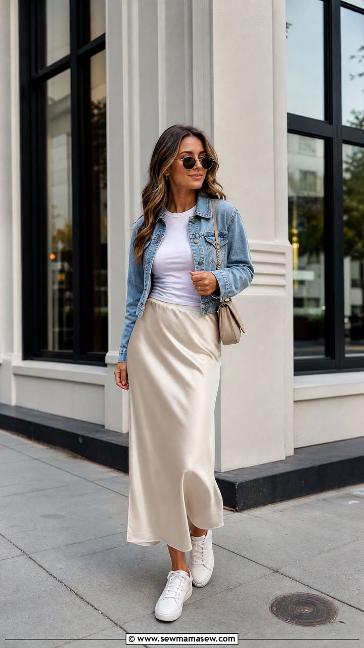 Crew Neck Tee With Slip Skirt And Sneakers - 20 crew neck tee outfit ideas