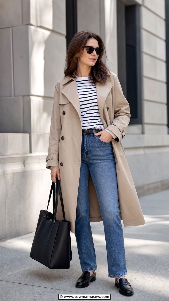 Crew Neck Tee With Trench Coat And Jeans - 20 crew neck tee outfit ideas