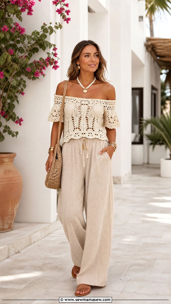 Crochet Bardot Top With Linen Pants - 20 bardot top outfit ideas