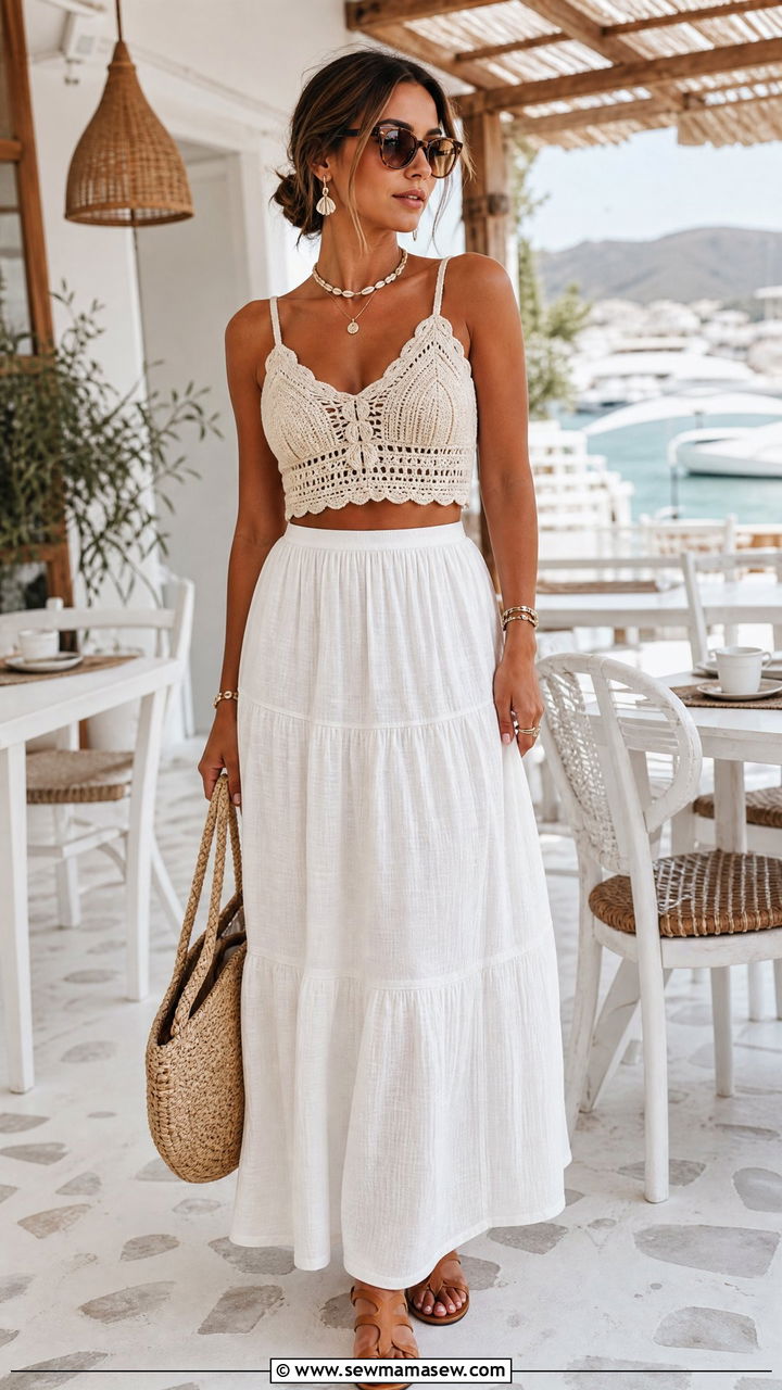 Crochet Crop Top And Flowy Maxi Skirt Brunch Outfit - 20 summer crop top brunch outfit ideas