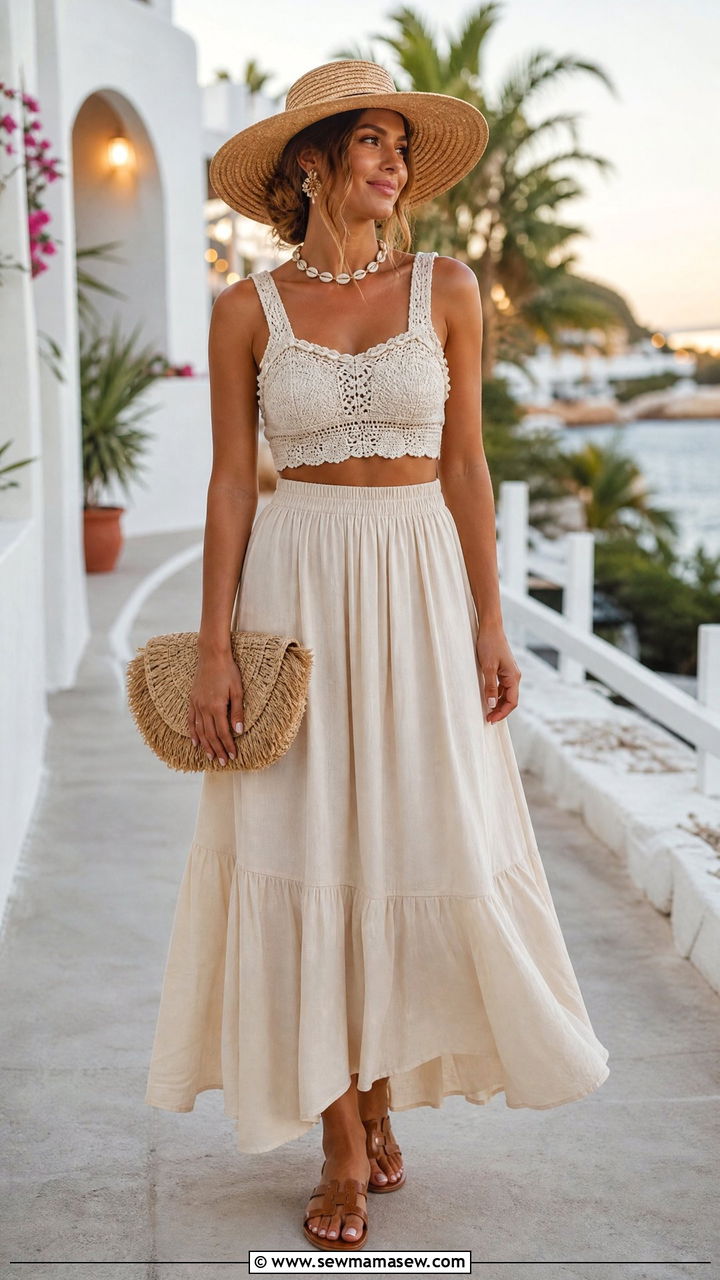 Crochet Crop Top And Maxi Skirt Travel Outfit - 20 summer crop top outfit ideas for travel