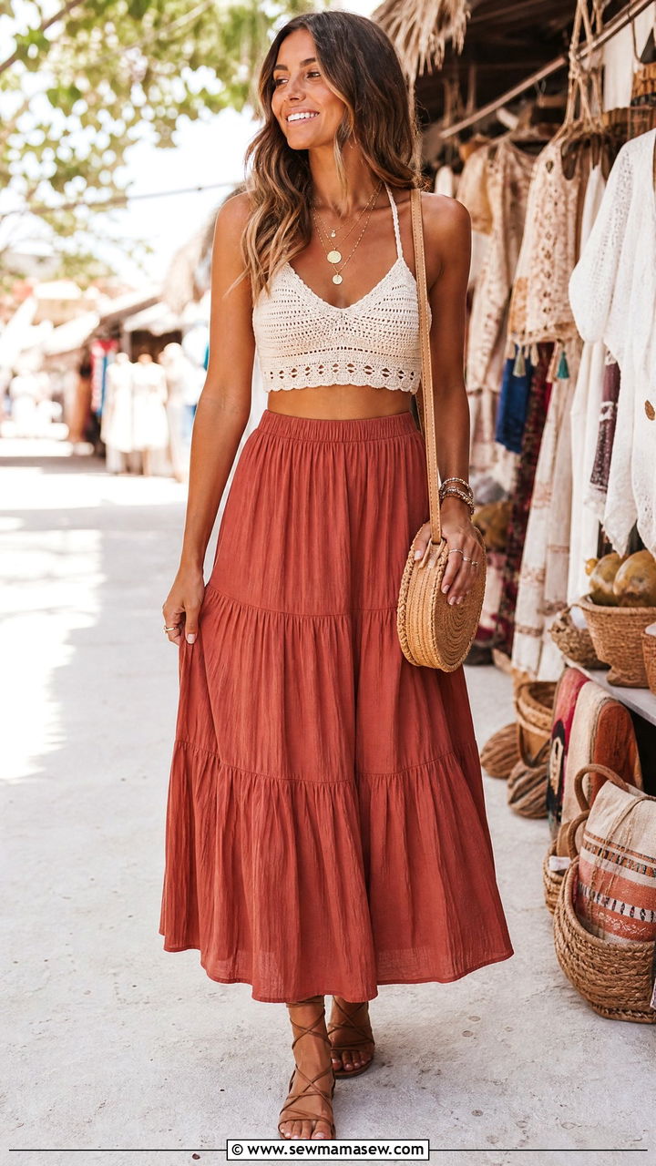 Crochet Crop Top And Tiered Maxi Skirt Outfit - 20 summer crop top and maxi skirt outfit ideas