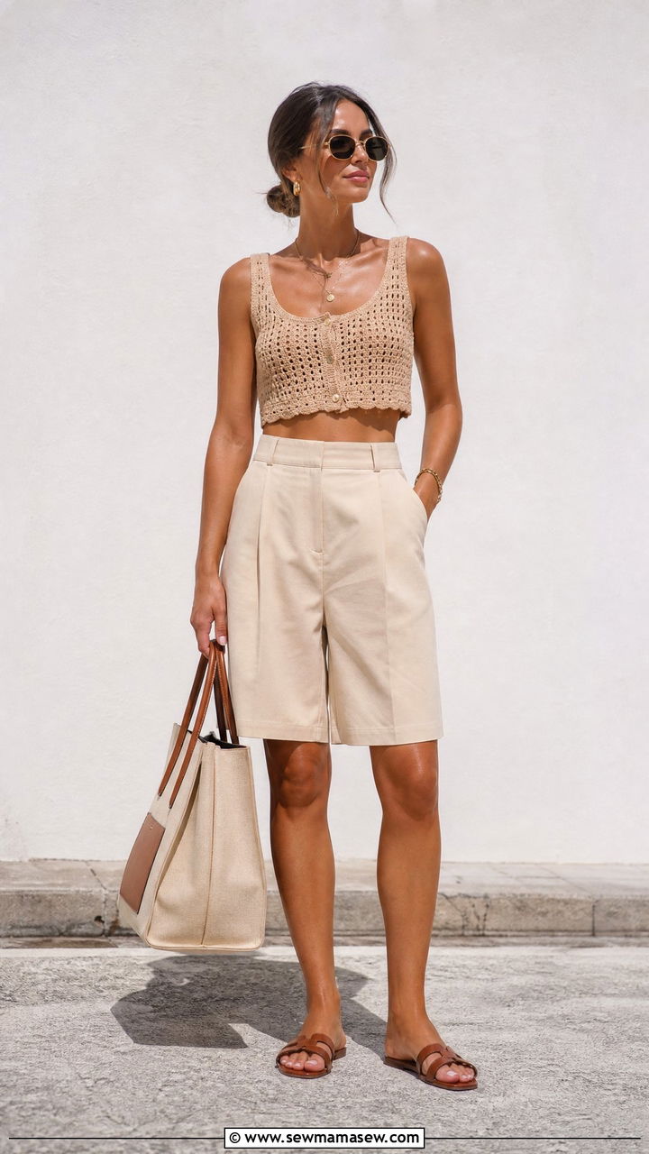 Crochet Crop Top With Bermuda Shorts Outfit - 20 crochet crop top summer outfit ideas