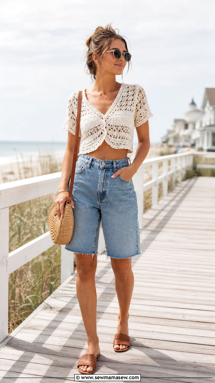 Crochet Crop Top With Denim Shorts - 20 effortless summer crop top outfit ideas