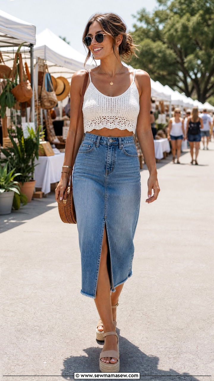 Crochet Crop Top With Denim Skirt Outfit - 20 crochet crop top summer outfit ideas