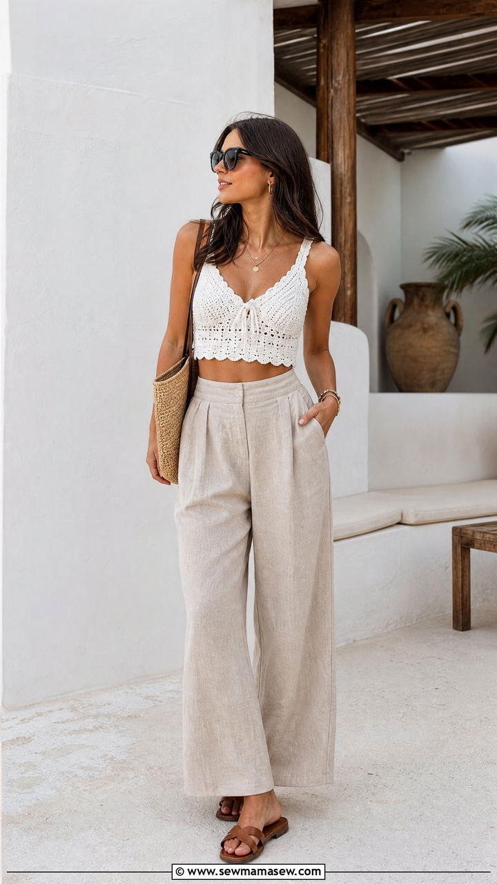 Crochet Crop Top With Linen Pants Outfit - 20 crochet crop top summer outfit ideas
