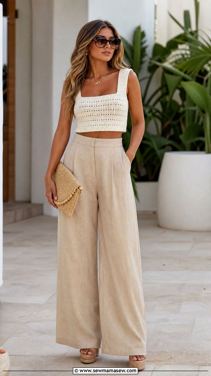 Crochet Crop Top With Palazzo Pants Outfit - 20 crochet crop top summer outfit ideas