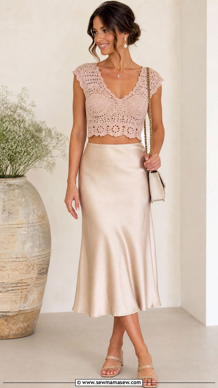 Crochet Crop Top With Satin Skirt Outfit - 20 crochet crop top summer outfit ideas