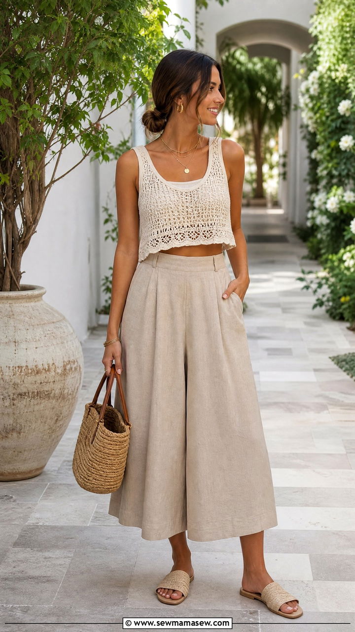 Crochet Crop Top With Wide Leg Culottes Outfit - 20 crop top with culottes outfit ideas