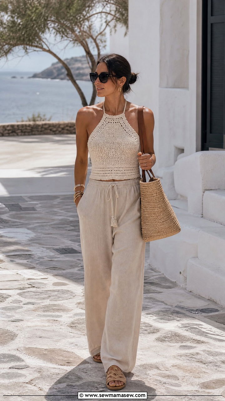 Crochet Halter Top With Linen Pants - 20 halter neckline top outfit ideas