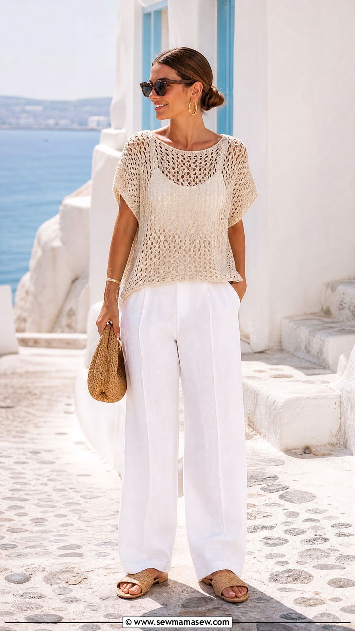 Crochet Knit Top With White Pants - 20 knit top outfit ideas