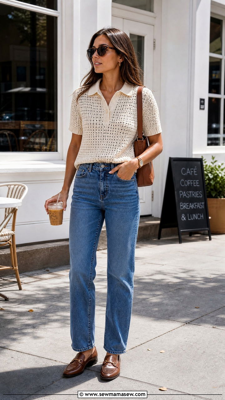 Crochet Polo Top With Straight Leg Jeans - 20 crochet top outfit ideas