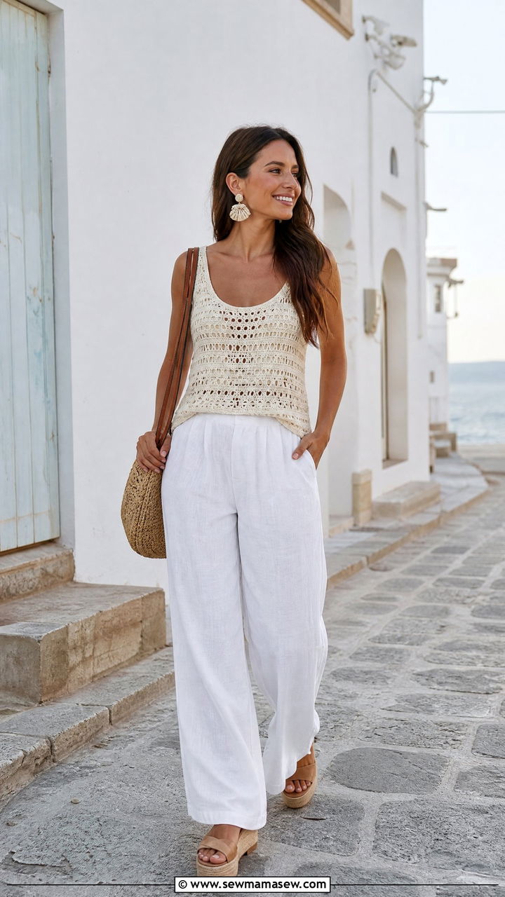Crochet Tank Top With Linen Pants - 20 summer going out top outfit ideas