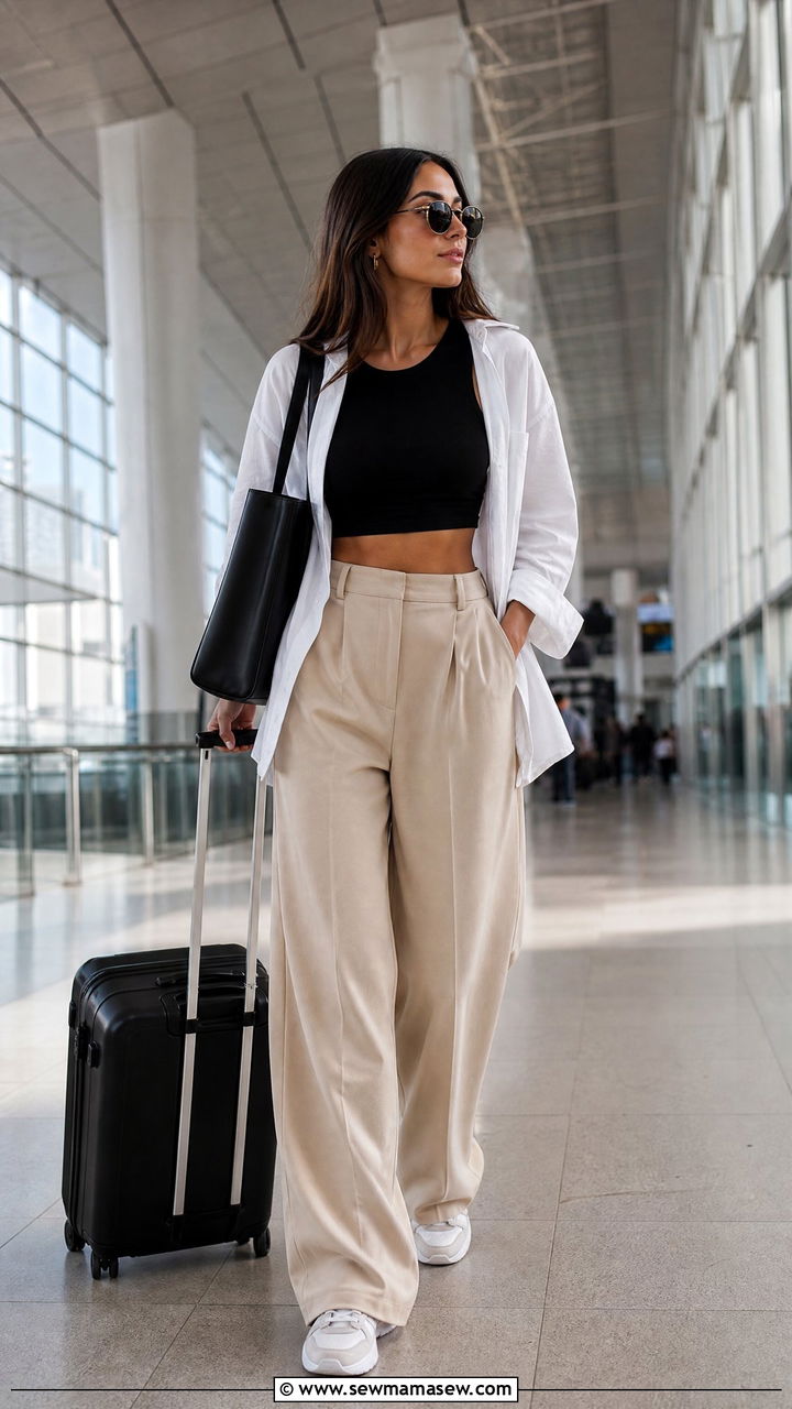 Crop Top Airport Outfit With High Waisted Trousers - 20 crop top airport outfit ideas