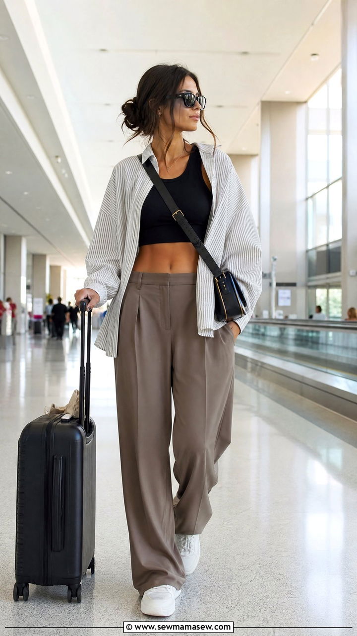 Crop Top Airport Outfit With Oversized Shirt - 20 crop top airport outfit ideas