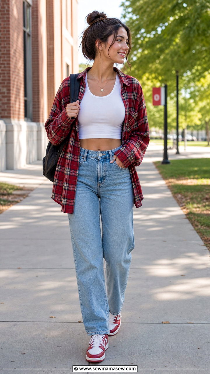 Crop Top And Oversized Flannel Outfit - 50 back to school crop top outfits