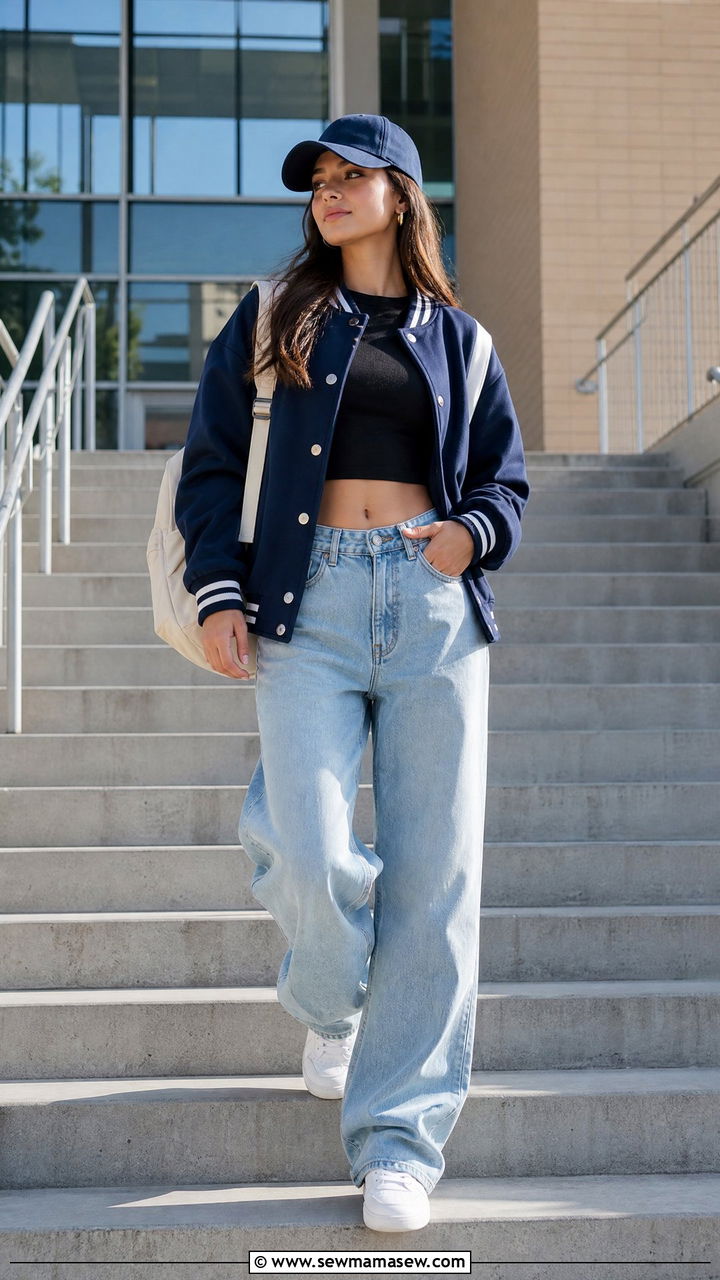 Crop Top And Varsity Jacket Outfit - 50 back to school crop top outfits