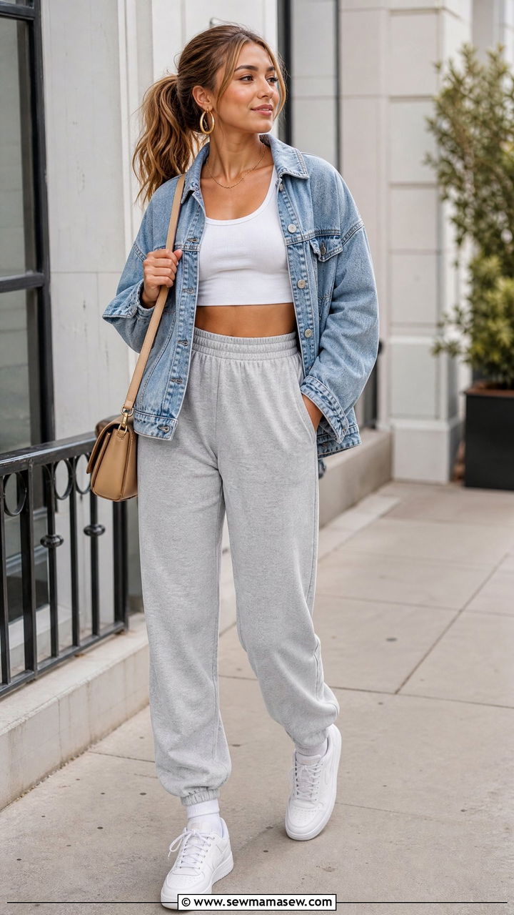 Crop Top Sweatpants And Denim Jacket Outfit - 20 crop top and sweatpants outfit ideas