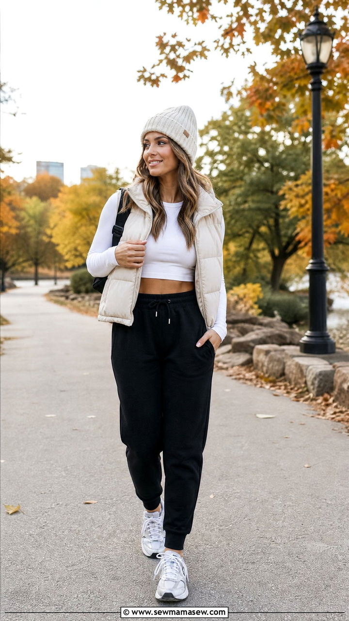 Crop Top Sweatpants And Puffer Vest Outfit - 20 crop top and sweatpants outfit ideas