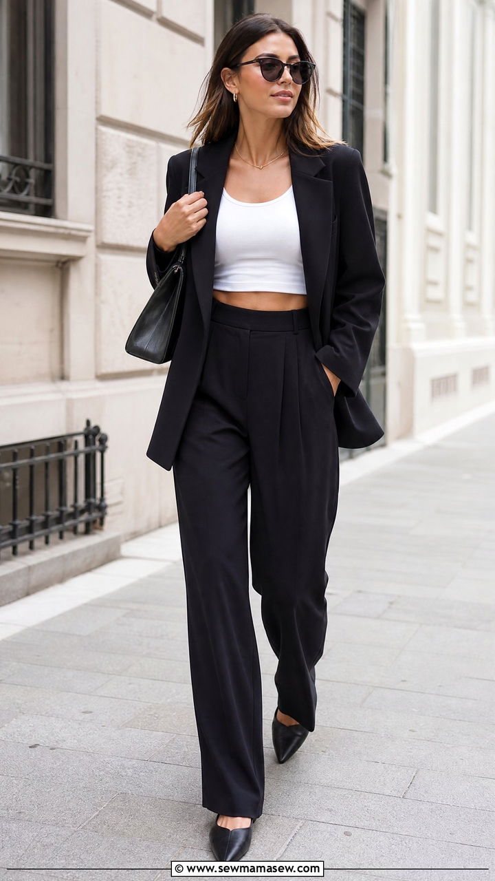 Crop Top With Blazer And Trousers - 20 minimalist crop top outfit ideas