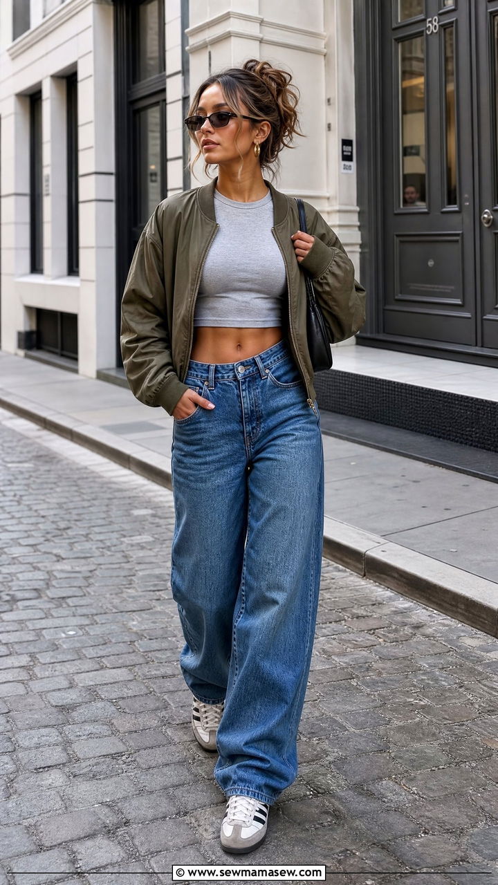 Crop Top With Bomber Jacket And Baggy Jeans - 20 fall crop top outfits