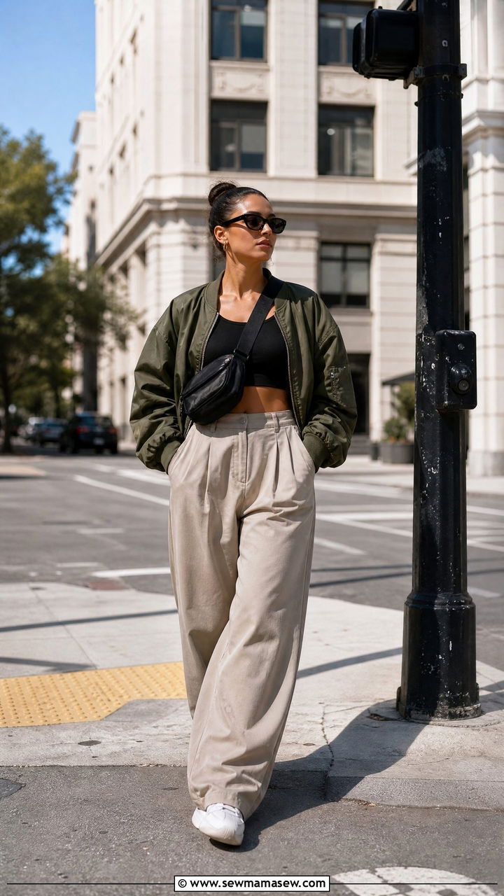 Crop Top With Bomber Jacket And Wide Leg Pants - 20 streetwear crop top outfit ideas