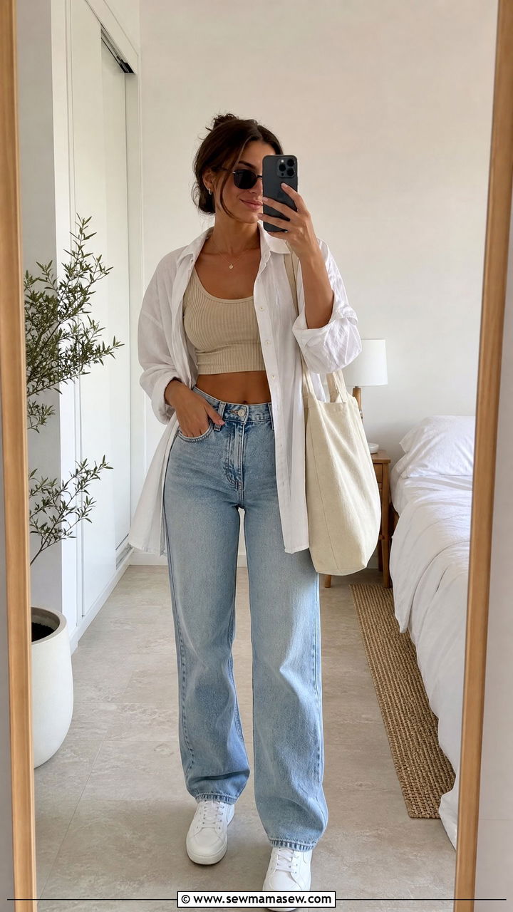 Crop Top With Button Down Shirt And Jeans - 20 summer crop top outfits