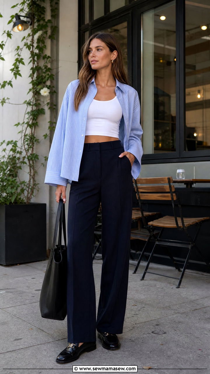Crop Top With Button Down Shirt And Trousers - 20 crop top outfits for tall girls