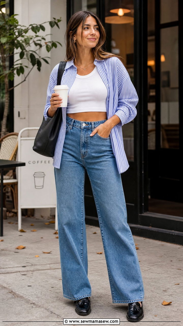 Crop Top With Button Down Shirt And Wide Leg Jeans - 20 fall crop top outfits