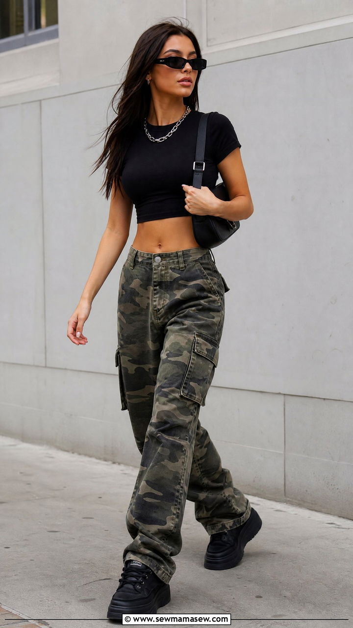 Crop Top With Camo Pants And Black Sneakers - 20 streetwear crop top outfit ideas
