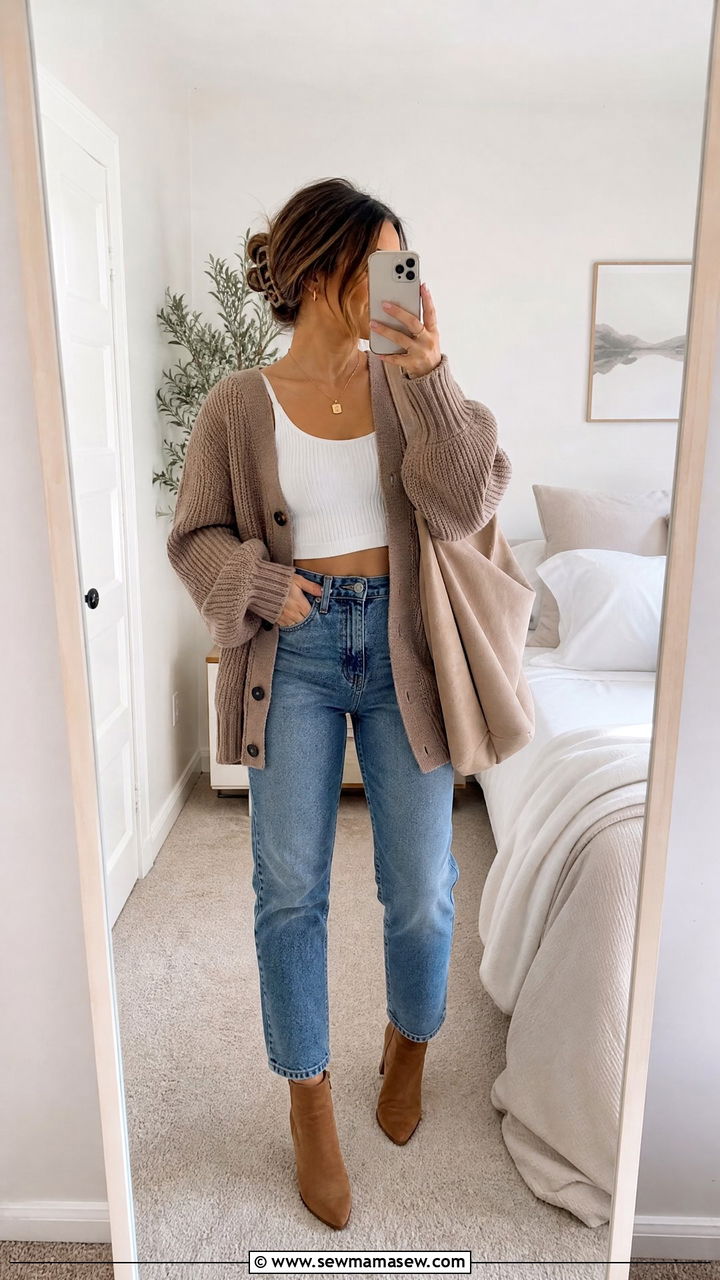 Crop Top With Cardigan And Mom Jeans - 20 cozy crop top outfits fall