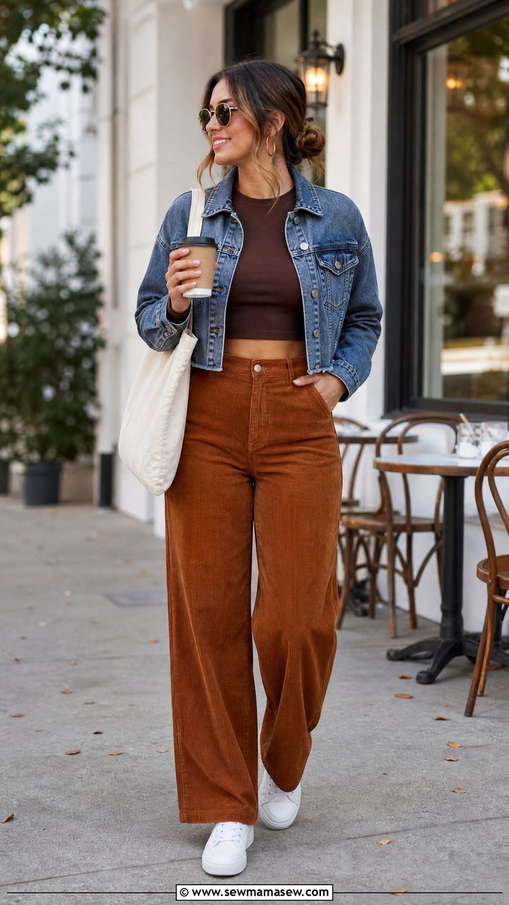 Crop Top With Corduroy Pants And Sneakers - 20 fall crop top outfits