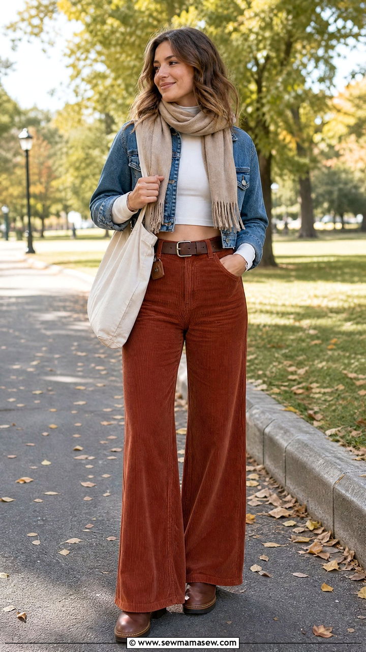 Crop Top With Corduroy Pants - 20 cozy crop top outfits fall
