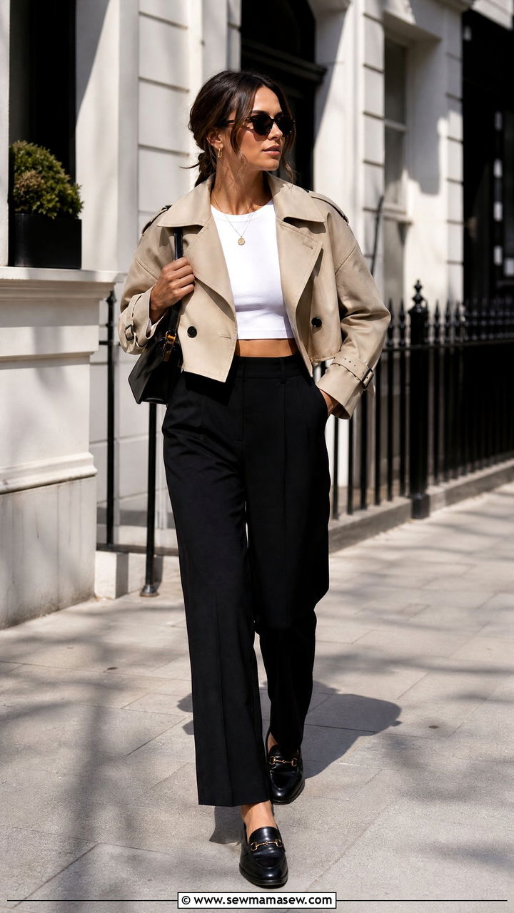 Crop Top With Cropped Trench Jacket - 20 trendy crop top outfits 2026