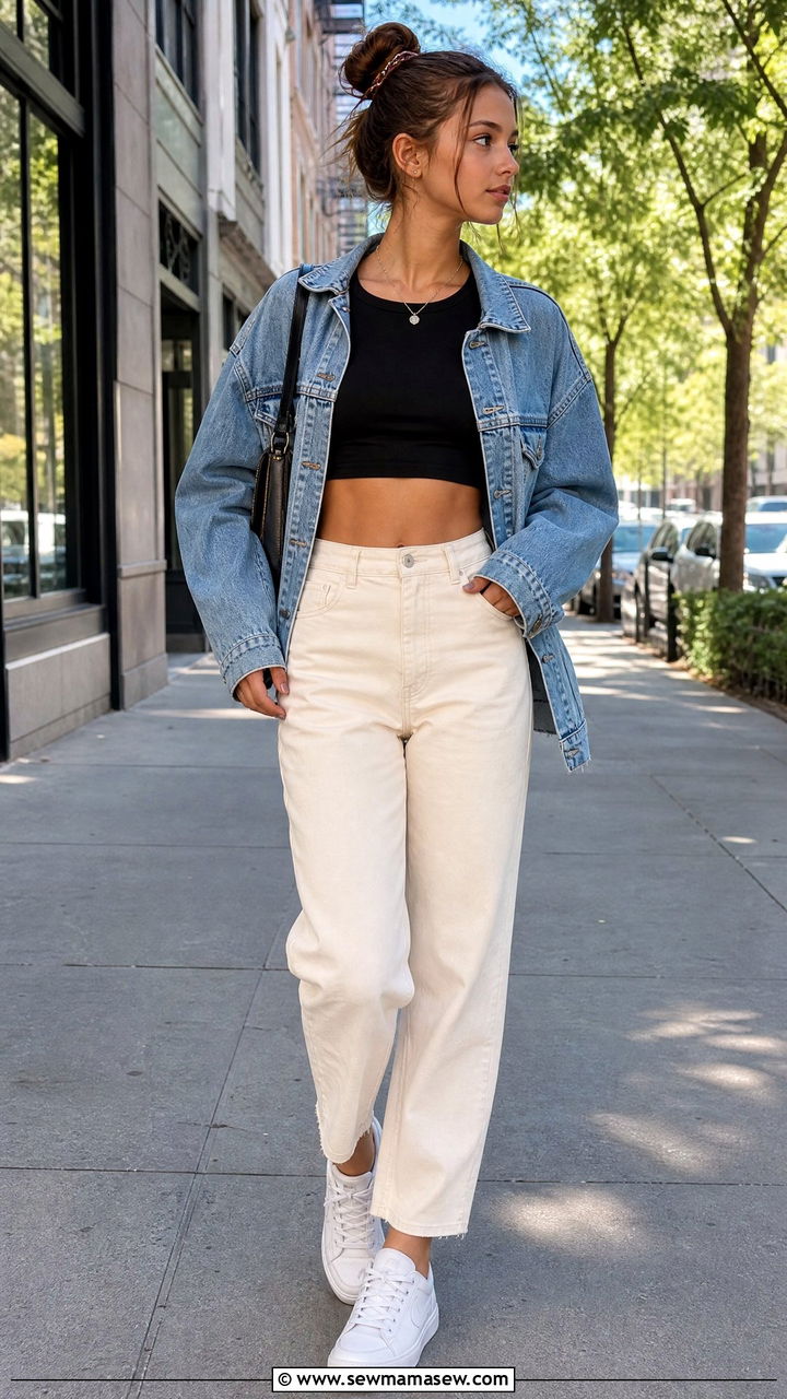 Crop Top With Denim Jacket - 20 crop top outfits for teens