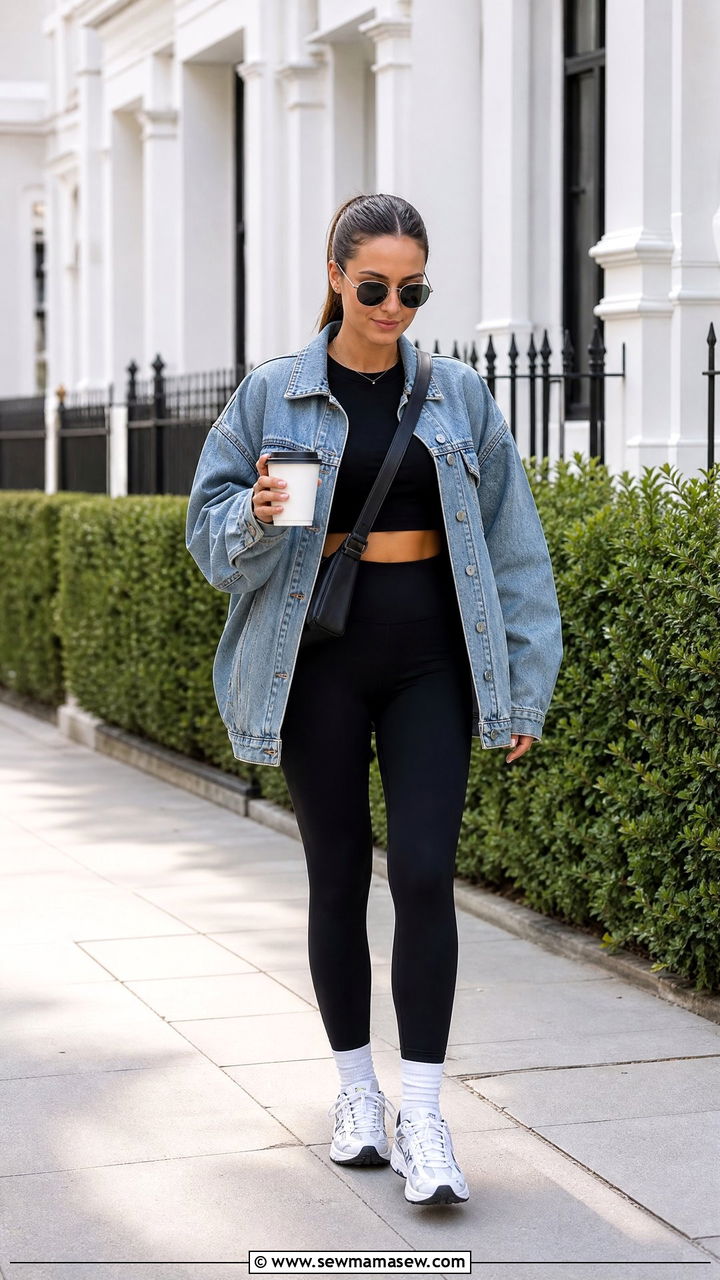 Crop Top With Denim Jacket And Leggings - 20 casual crop top outfit ideas