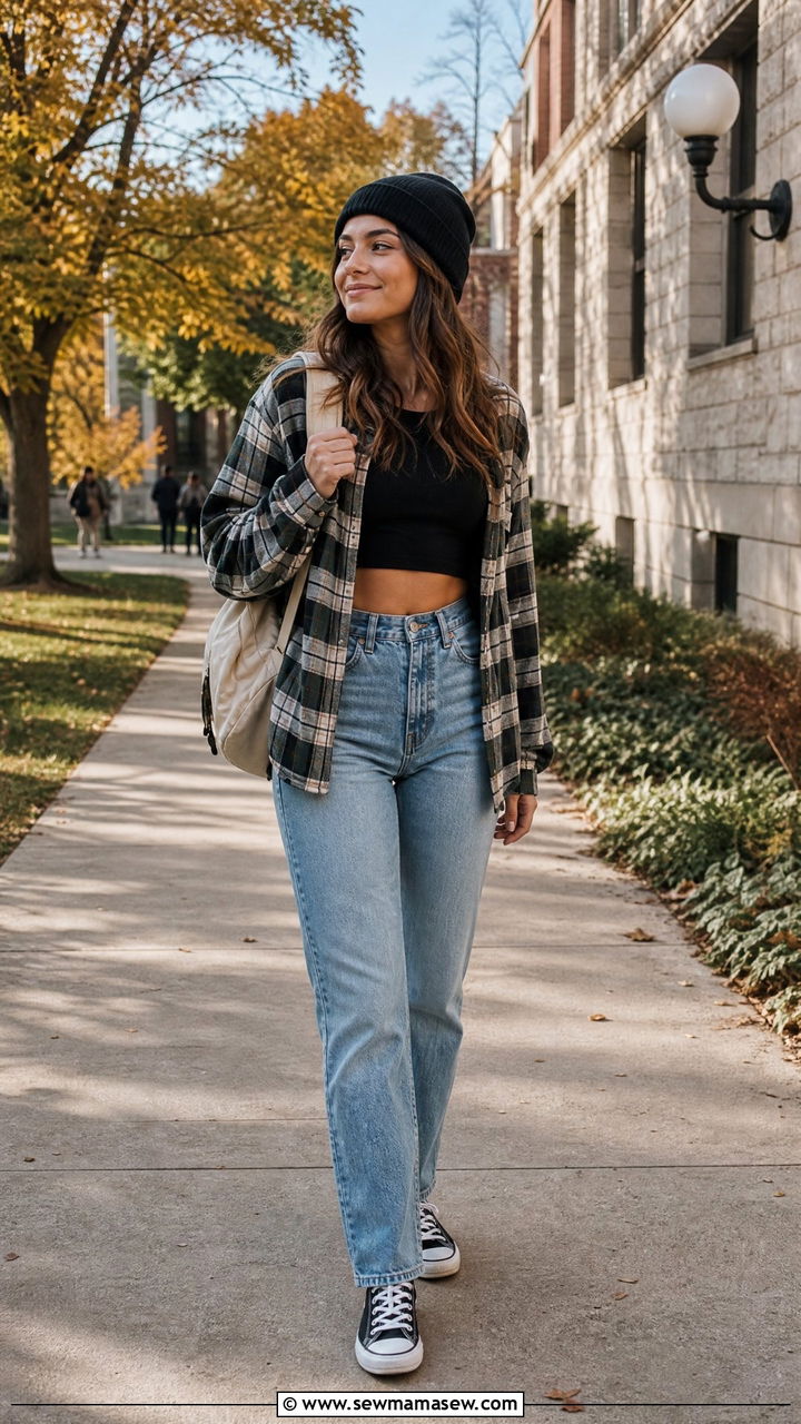 Crop Top With Flannel Shirt - 20 crop top outfits for college