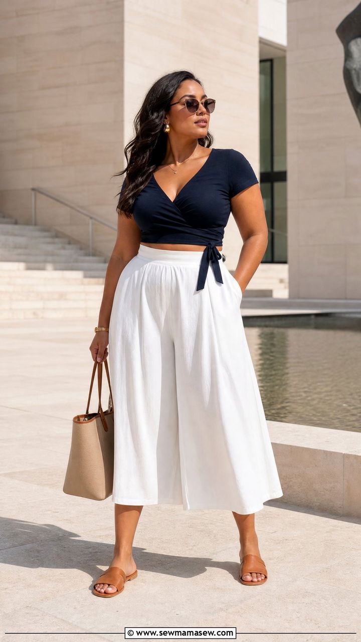 Crop Top With Flowy Culottes - 20 summer crop top outfit ideas for curvy women