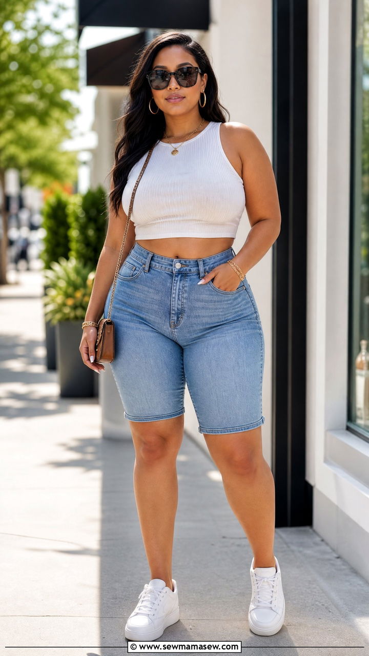 Crop Top With High Waisted Denim Shorts - 20 summer crop top outfit ideas for curvy women
