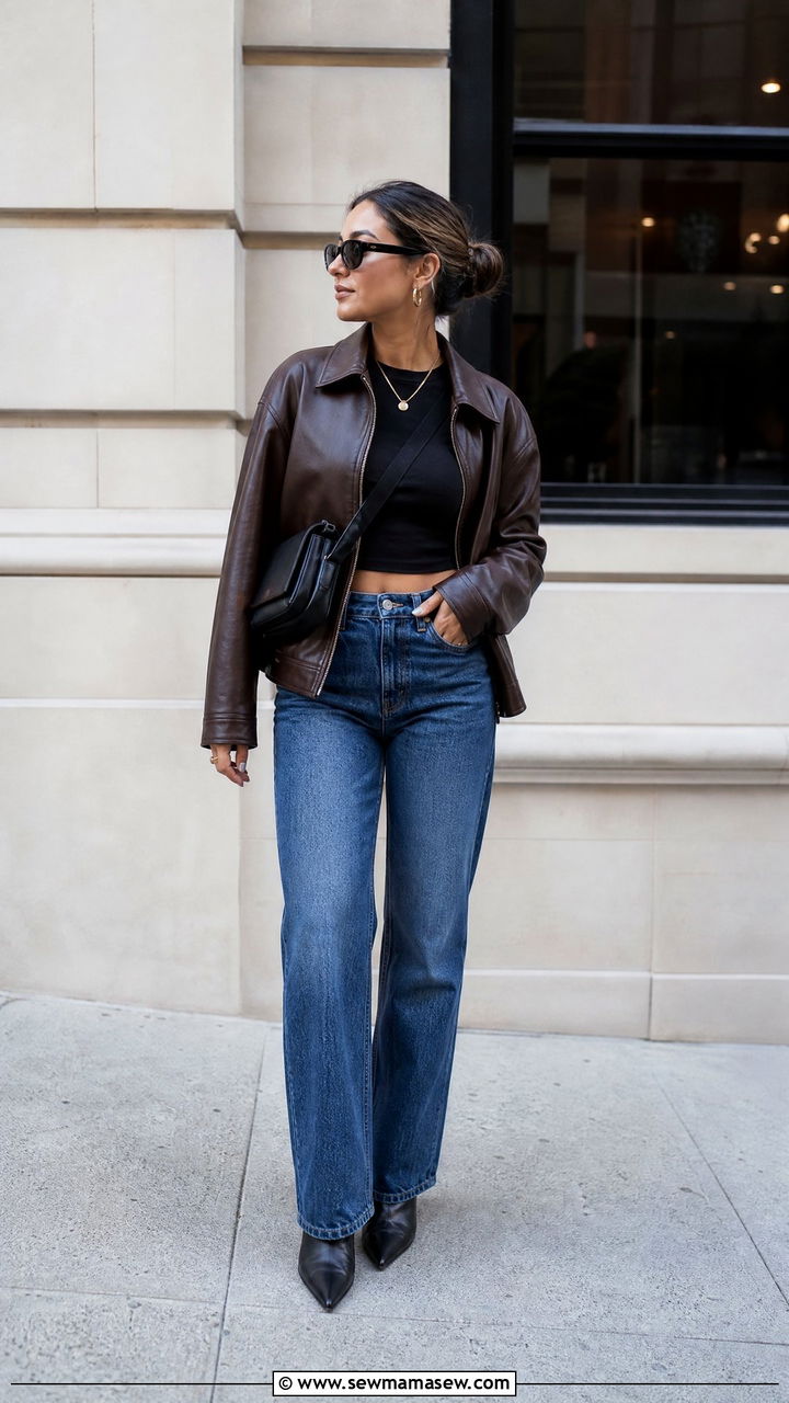 Crop Top With Leather Jacket And Straight Leg Jeans - 20 fall crop top outfits