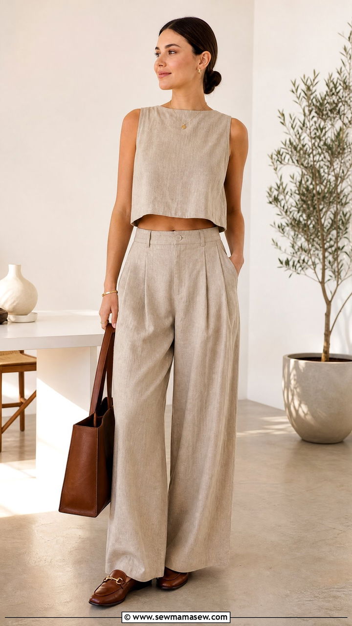 Crop Top With Matching Linen Pants Set - 20 summer crop top outfit ideas for work