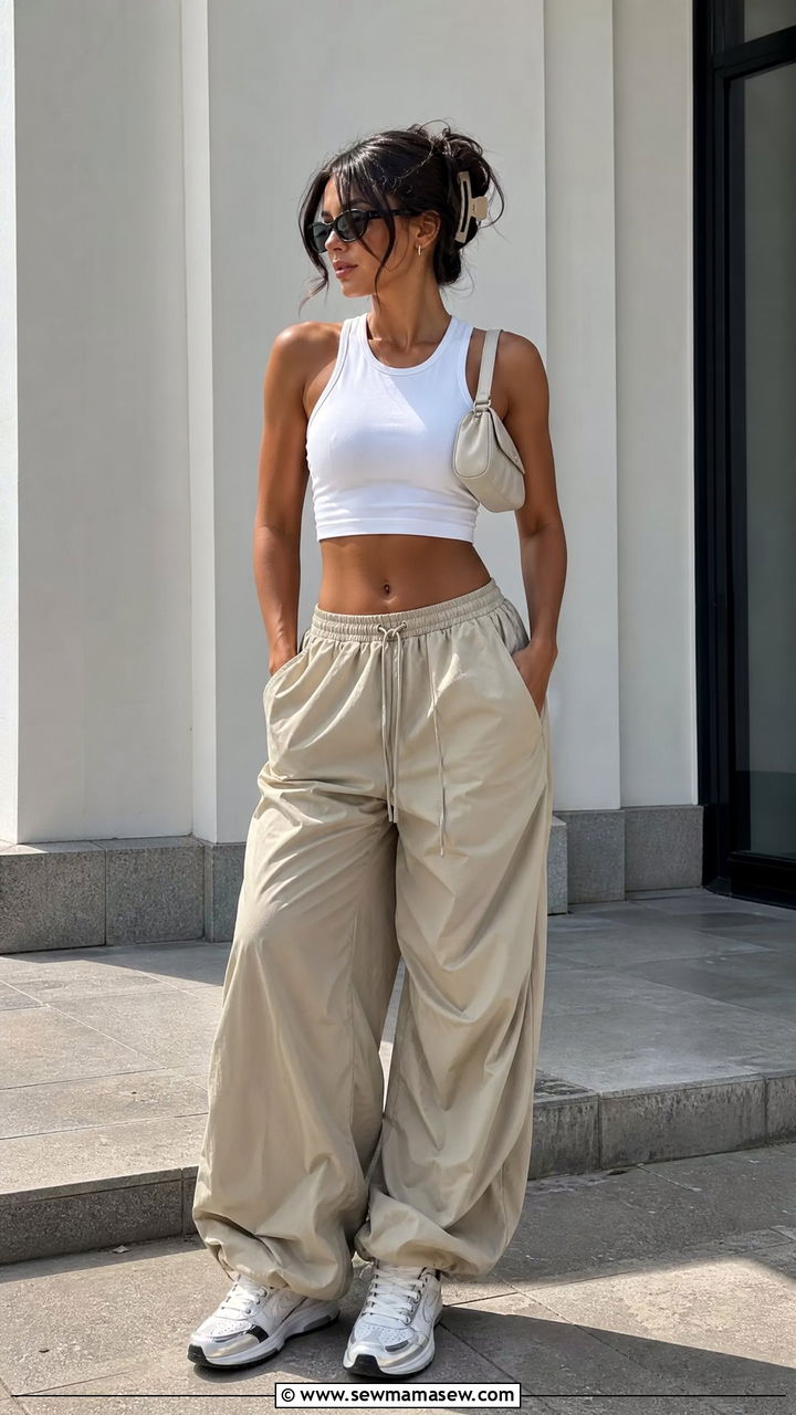 Crop Top With Parachute Pants - 20 trendy crop top outfits 2026