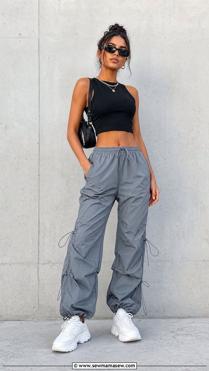 Crop Top With Parachute Pants And Chunky Sneakers - 20 streetwear crop top outfit ideas