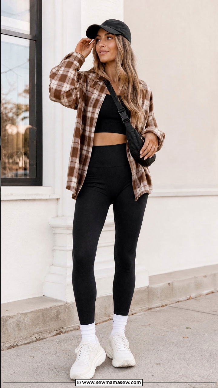 Crop Top With Plaid Shacket And Leggings - 20 cozy crop top outfits fall